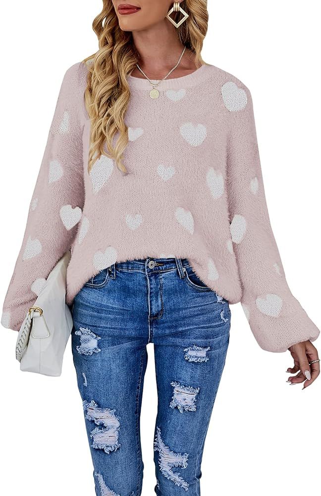Heyielda Women Valentine Heart Sweaters O Neck Knit Pullover Oversize Heart Print Sweater | Amazon (US)