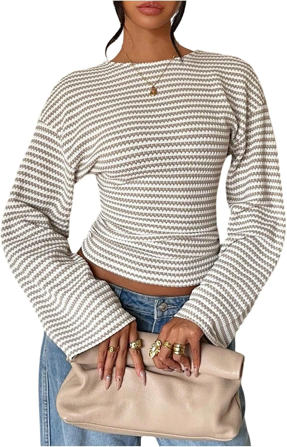 Milumia Women's Striped Top Cinched Waist Long Sleeve Going Out T-Shirts | Amazon (US)