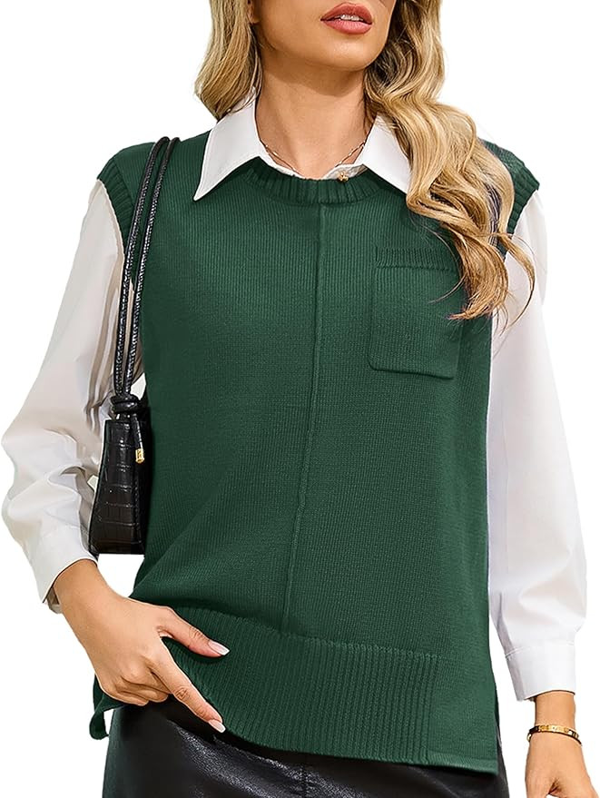 Totatuit Women's Crew Neck Sleeveless Sweater Vest with Pockets 2025 Trendy Ribbed Knit Casual Pu... | Amazon (US)