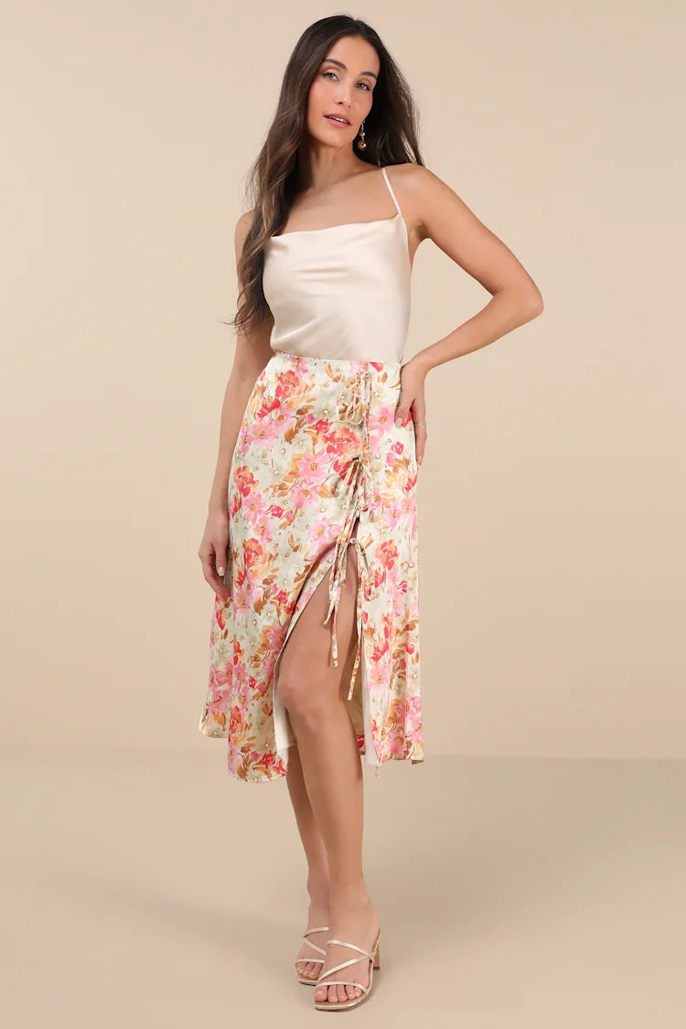 Nasima Cream Multi Floral Satin Midi Skirt | Lulus