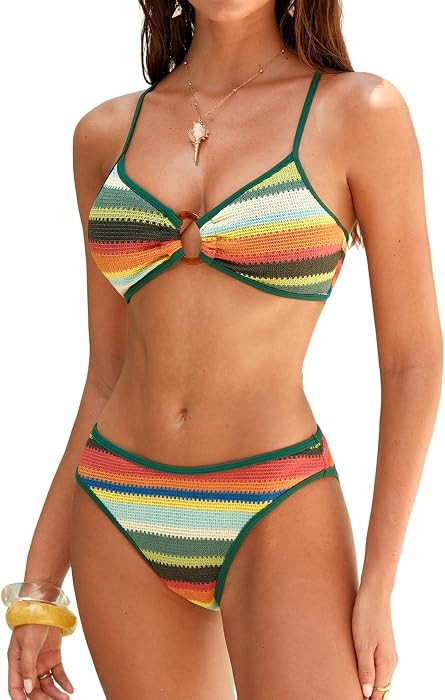 ZAFUL O Ring Bikini Sets for Women Lace Up Swimsuits High Cut Swimwear Contrast Stripe 2 Piece Ba... | Amazon (US)