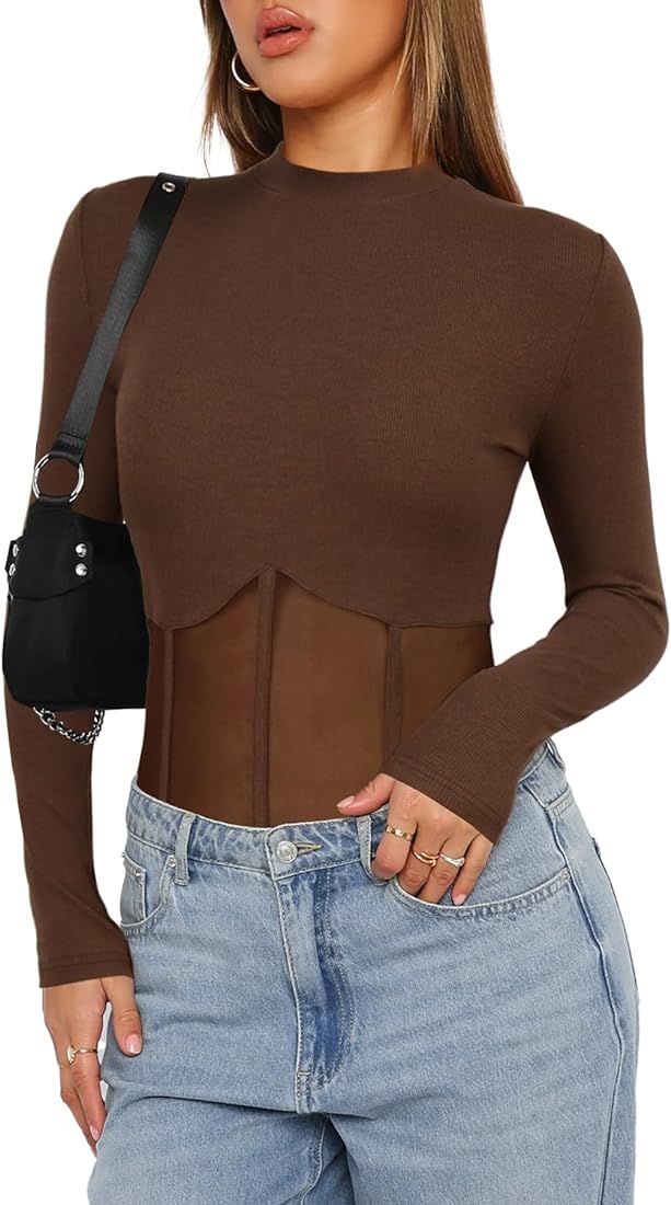Darong Women Long Sleeve Bodysuit Crew Neck Sexy Mesh Sheer Panels Bodysuits Shirt Tops | Amazon (US)