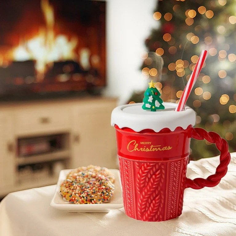 Ceramic Christmas Tree Mug with Lid & Straw, Festive Holiday Travel Tumbler, Cute Couples Gift, C... | Walmart (US)