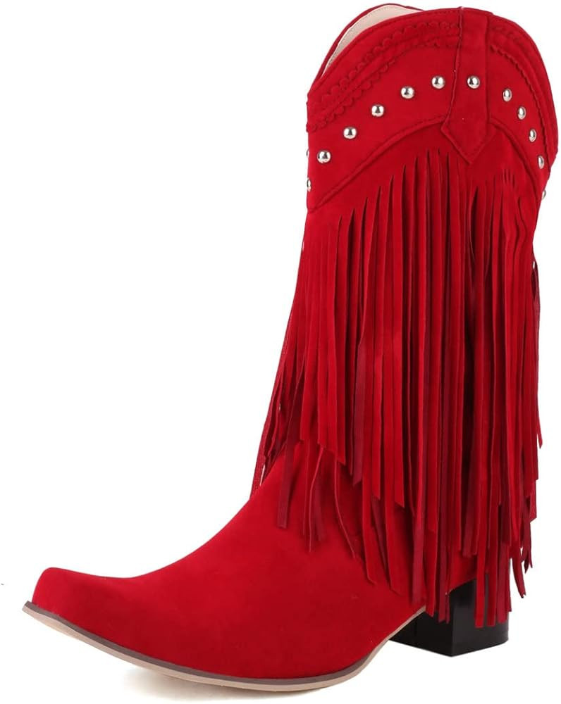 KiutSymo Mid Calf Fringe Boots For Women Cowboy Pointed Toe Chunky Heels Cowgirl Western Tassel B... | Amazon (US)