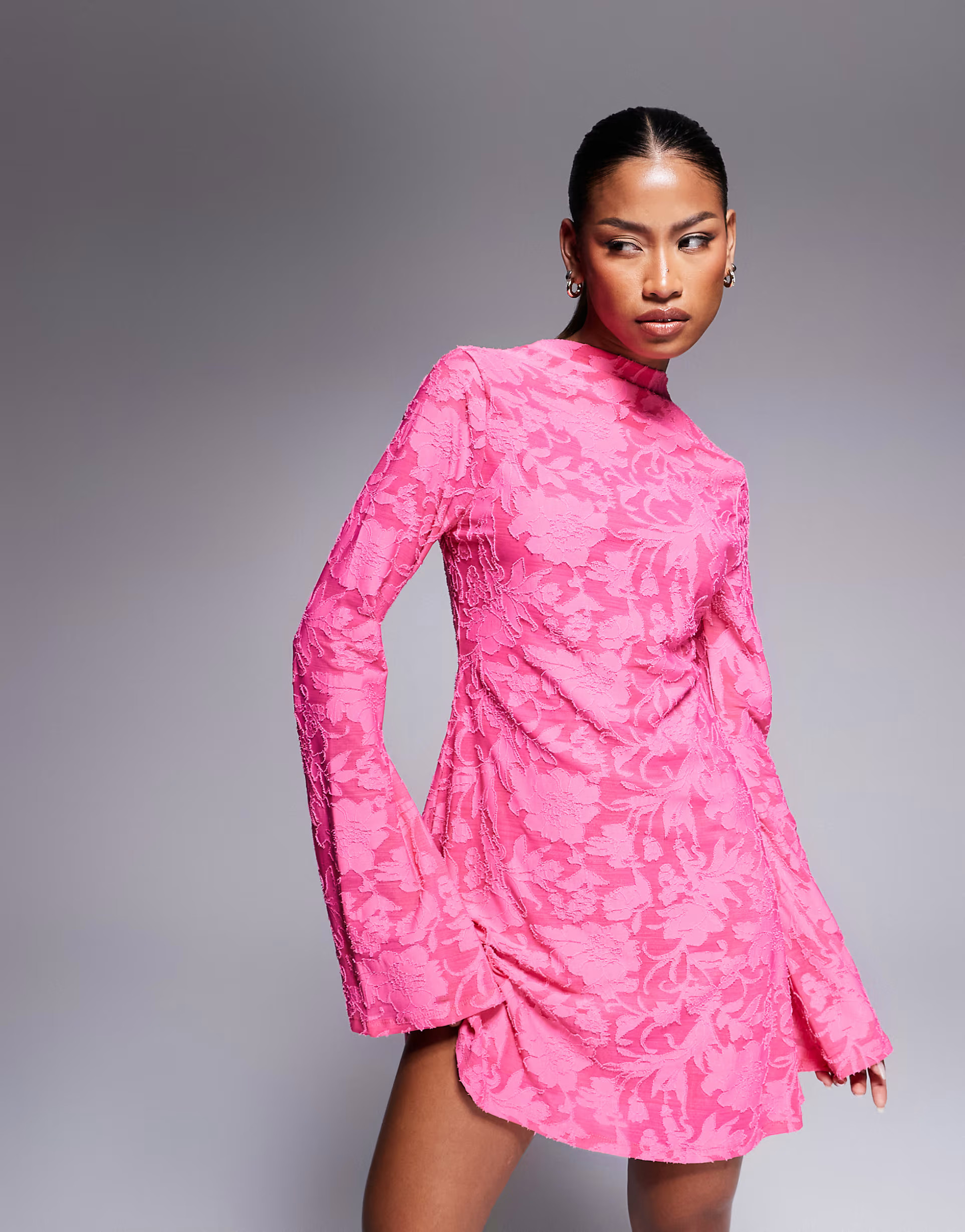 ASOS DESIGN long sleeve mini dress with high neck and open back in pink burnout | ASOS (Global)