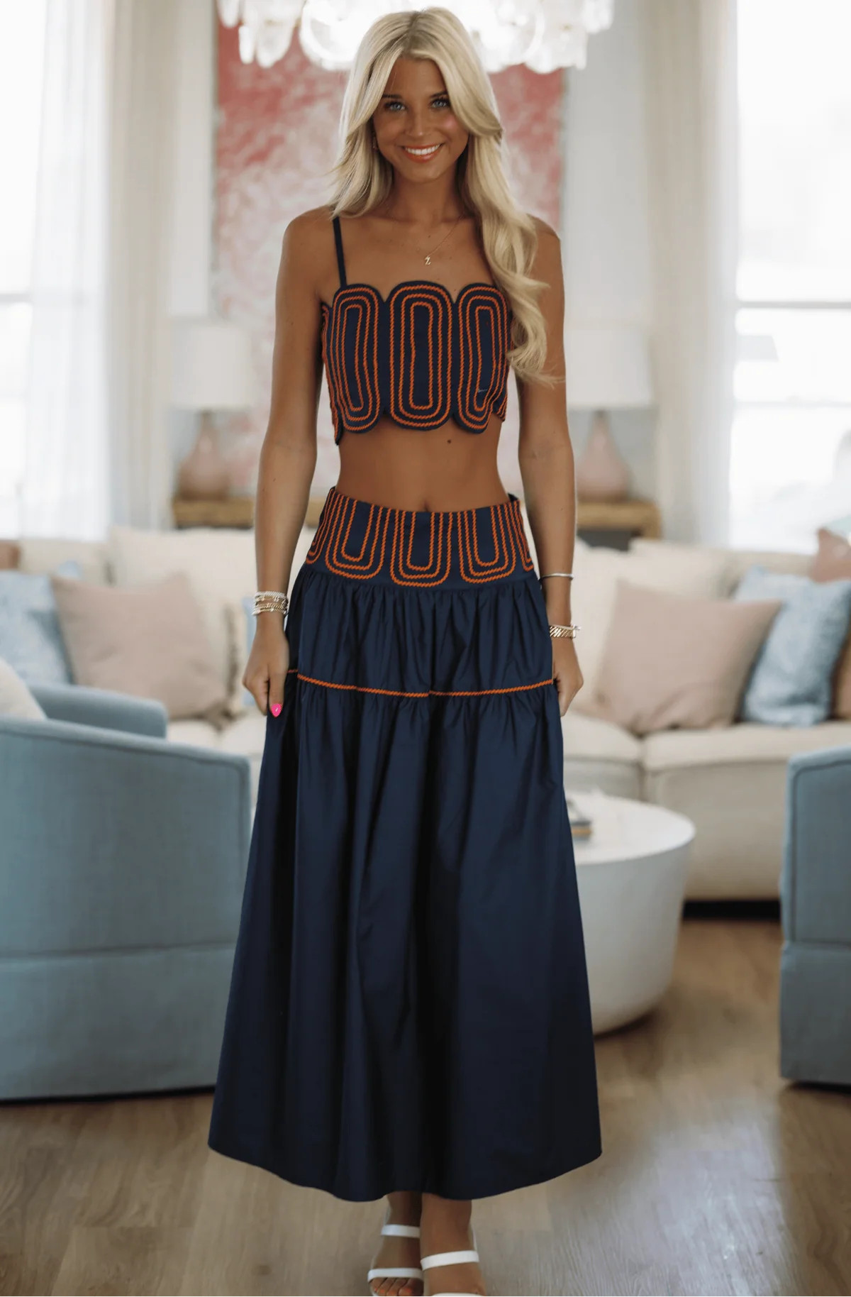 Marina Muse Crop Top and Maxi Skirt Set - Navy and Orange | Hazel and Olive