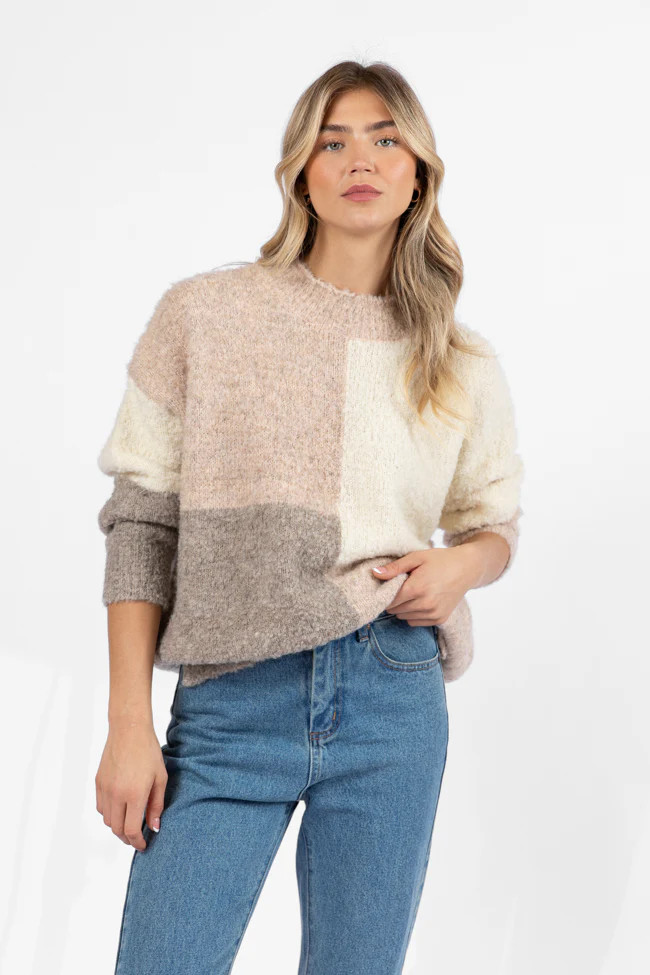All On You Beige Multi Fuzzy Colorblock Mock Neck Sweater DOORBUSTER | Pink Lily