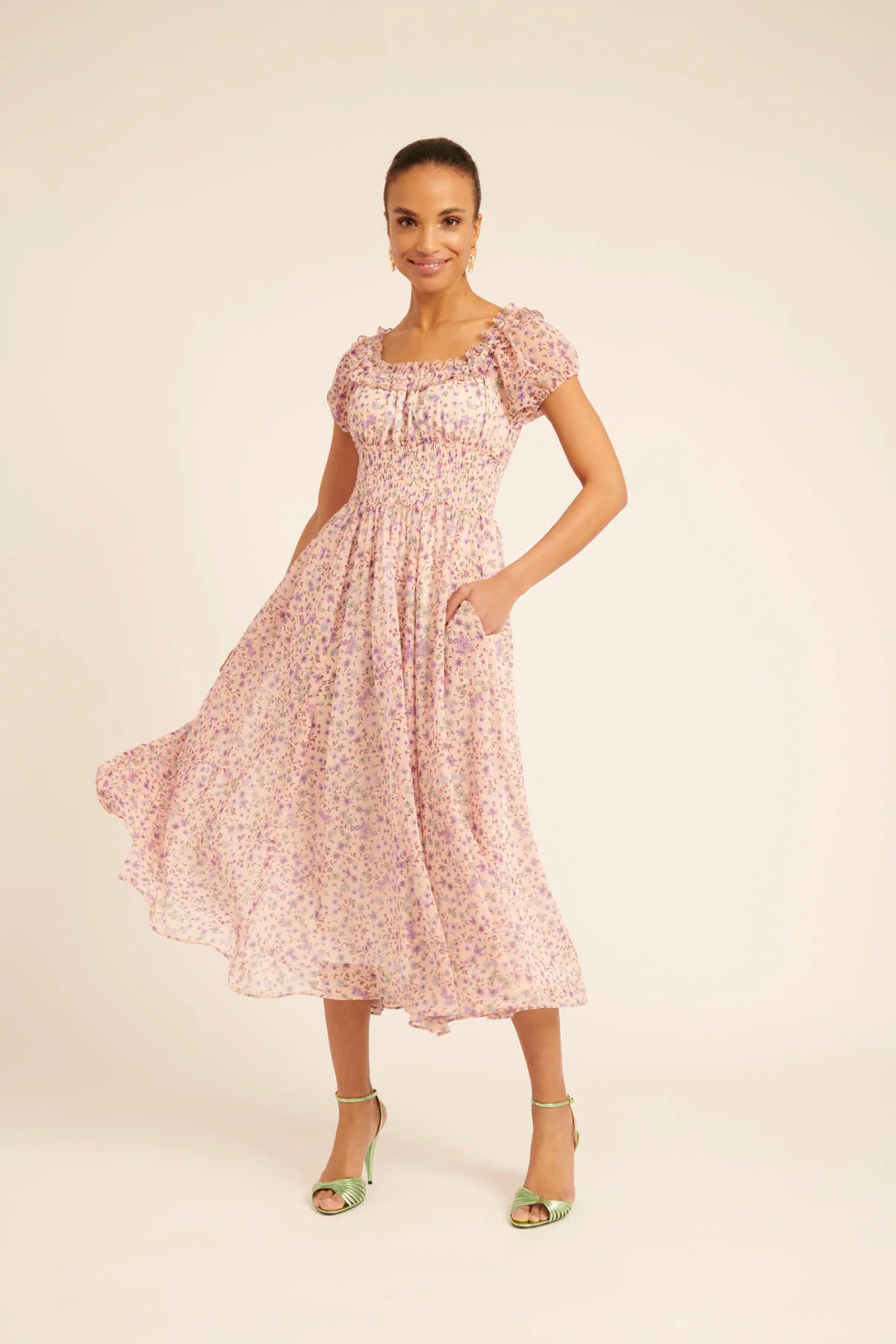 Chiffon Smocked Midi Dress - Lilac Floral | Rachel Parcell