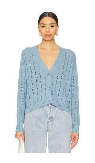 Cropped V Neck Cardigan With Pointelle Ladder Stitch in Stonewash | Revolve Clothing (Global)