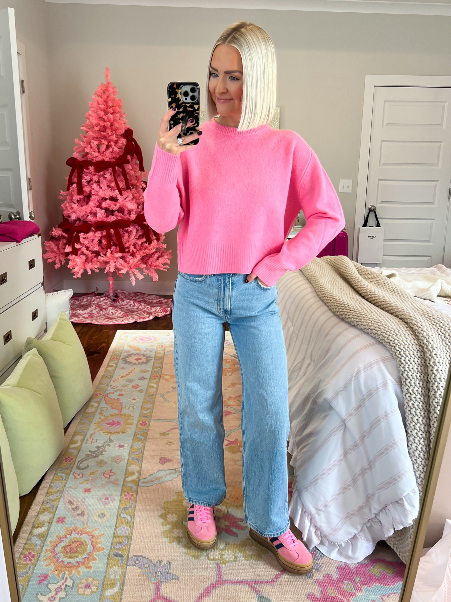 High rise 90s relaxed jean (size: 24 extra short) / pink cozy knit crewneck pullover sweater (XS) / pink glow gum adidas gazelle bold sneakers (size: 6.5, size down one) / casual colorful fall outfit 

#LTKHoliday #LTKStyleTip