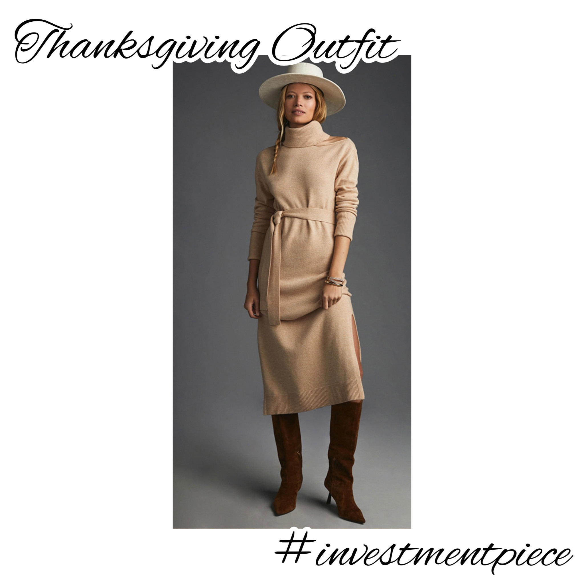 From Friendsgiving to family affairs, the best outfit might be simple! Love this combo of a sweater dress and boots (the hat is amazing but completely optional!) #investmentpiece 

#LTKshoecrush #LTKHoliday #LTKstyletip