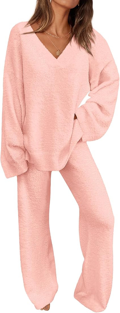PRETTYGARDEN Women's 2 Piece Pullover Sweater Set Oversized V Neck Top Wide Leg Pants Fall Winter... | Amazon (US)