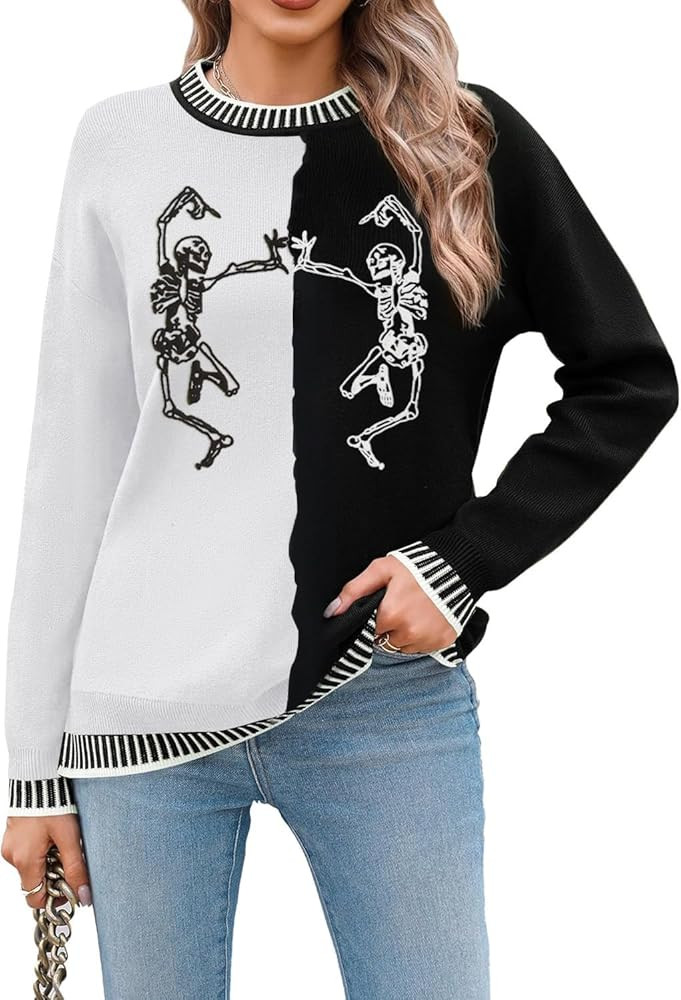Halloween Sweaters for Women Funny Dancing Skeleton Sweater Crew Neck Knitted Pullover Sweatshirt... | Amazon (US)