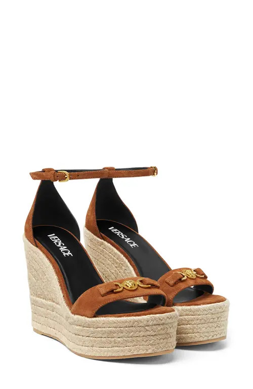 Versace Medusa '95 Suede Espadrille Wedge Sandal in Spice Brown-Versace Gold at Nordstrom, Size 10.5Us | Nordstrom