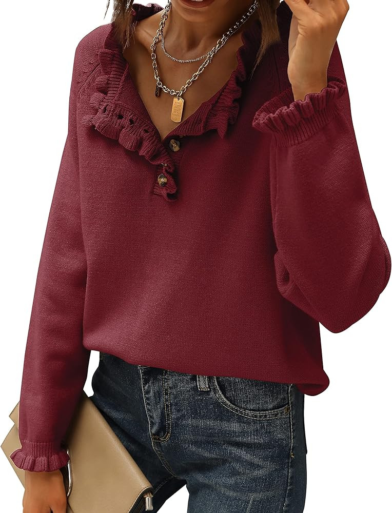 BTFBM Women's Sweaters Casual Long Sleeve Button Down Crew Neck Ruffle Knit Pullover Sweater Tops... | Amazon (US)