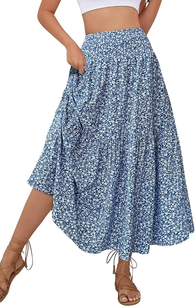Women's Boho Maxi Skirt Floral Printed Smocked High Waist Long Skirts with Pockets Flowy Ruffle A... | Amazon (US)