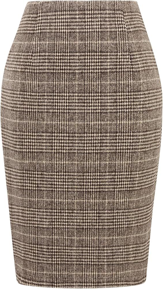 IDEALSANXUN Midi Plaid Skirts for Women 2024 Fall Winter Knee Length Pencil Wool Skirt with Slit | Amazon (US)