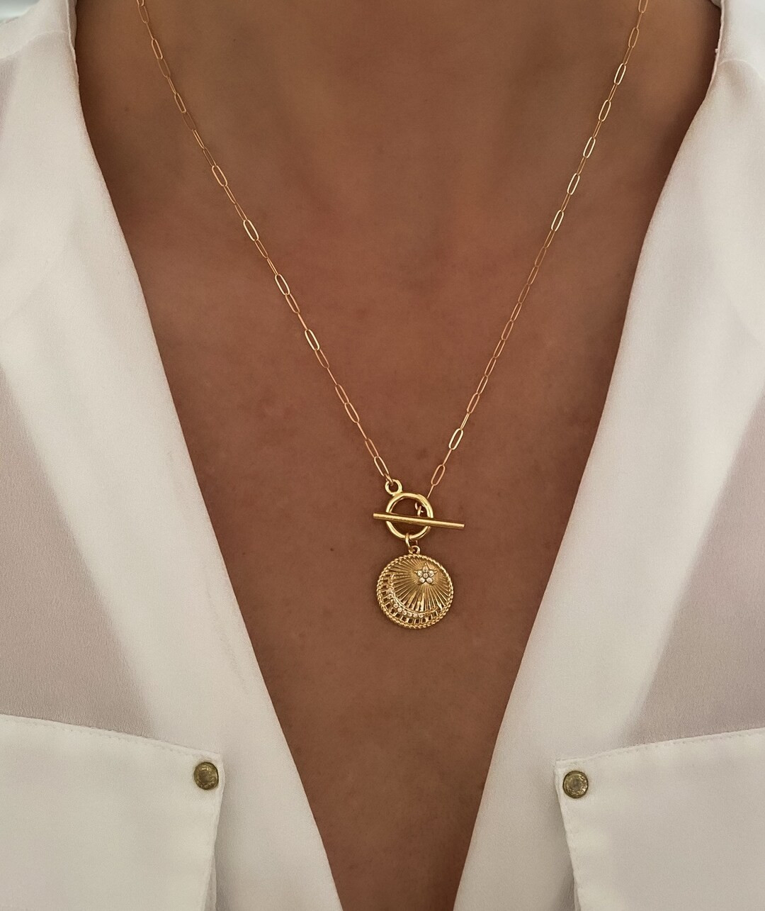 Gold Filled Paperclip Chain Necklace With Mini Toggle Closure, Gold Necklace, Celestial Necklace,... | Etsy (US)