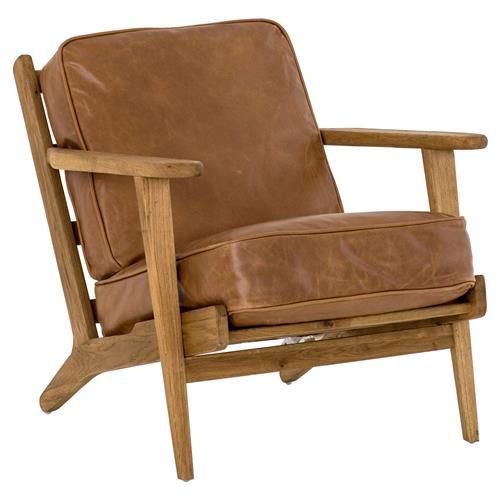 Rider Mid Century Brown Leather Upholstered Brown Oak Wood Occasional Arm Chair | Kathy Kuo Home