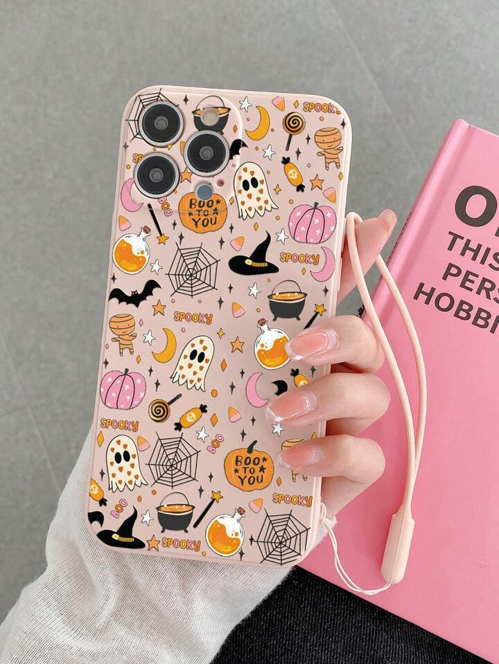 Holiday 1pc Fashionable Halloween Pumpkin Lamp Printed Matte Phone Protective Case With Lanyard, ... | SHEIN