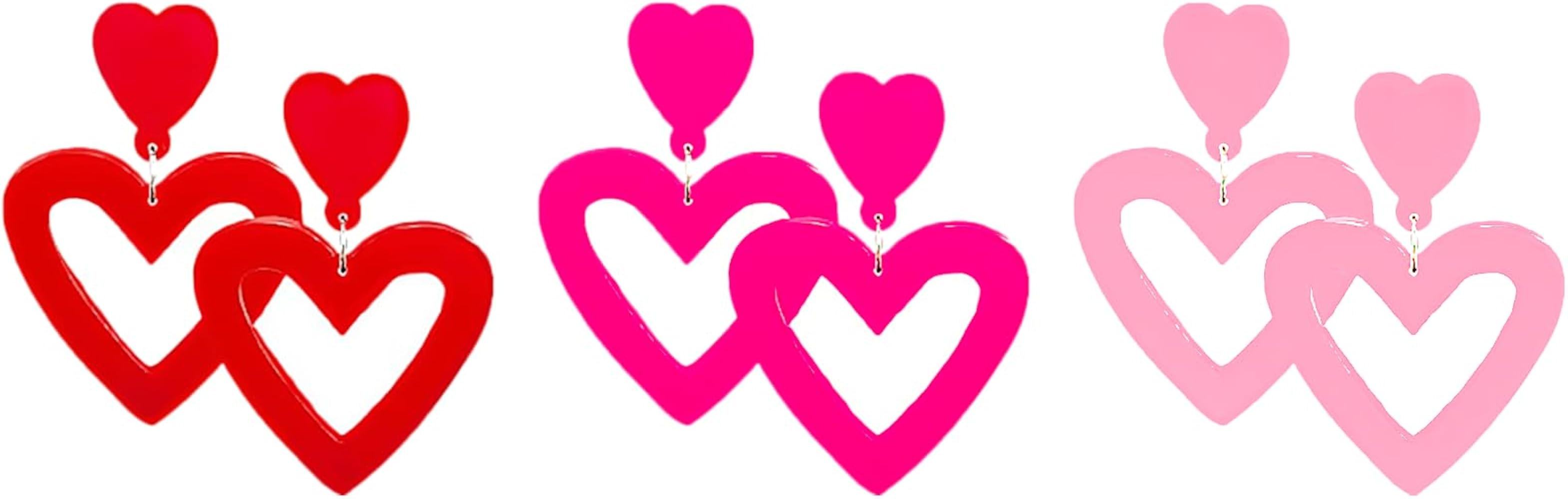 3 Packs Heart Earrings for Women,Pink Red Double Heart Love Drop Earrings | Amazon (US)