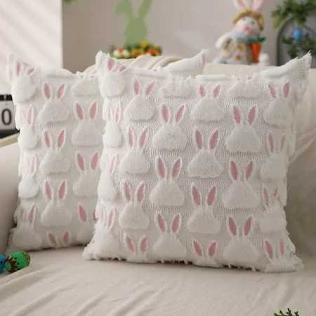 Easter Throw Pillow Covers 18 x 18 Inch Set of 2 Bunny Rabbit Soft Plush Faux Fur Decorative Throw Pillow Covers Spring Cute Bunny Pillowcases for Easter Home Living Room Bed Decor | Walmart (US)