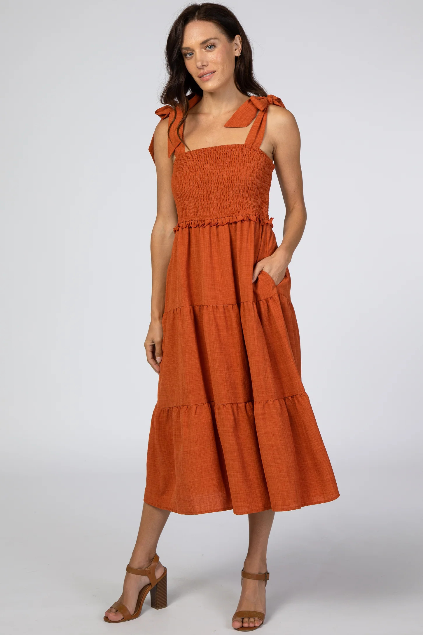 Rust Bow Strap Tiered Midi Dress | PinkBlush Maternity