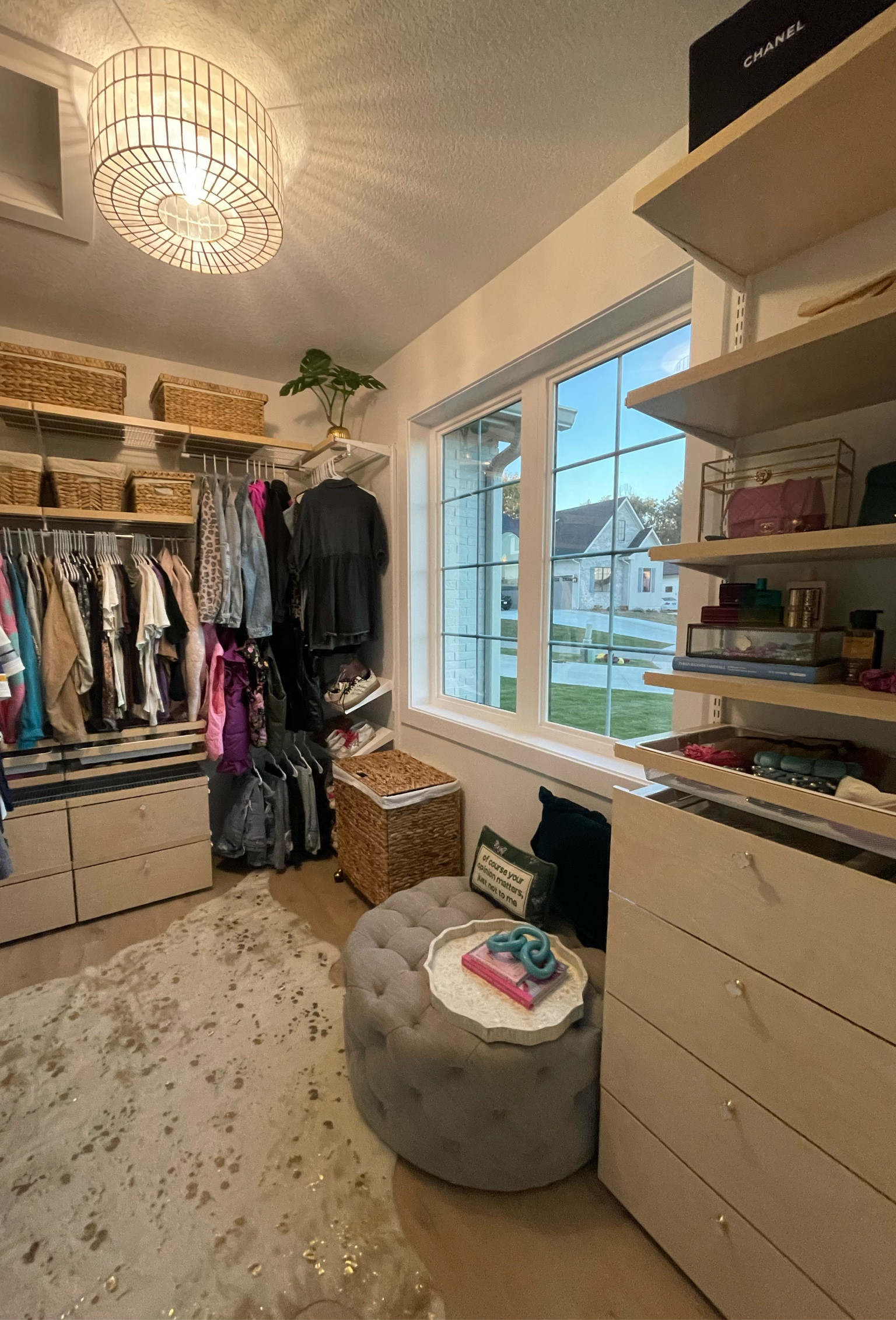 The Container Store Elfa Closet System // World Market Flushmount light fixture // NULOOM cowhide rug // hyacinth organization baskets // 

#LTKHome
