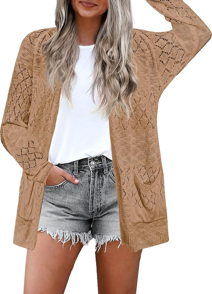 ELESOL Women's Casual Lightweight Long Sleeve Cardigan Loose Soft Drape Open Front Crochet Sweate... | Amazon (US)