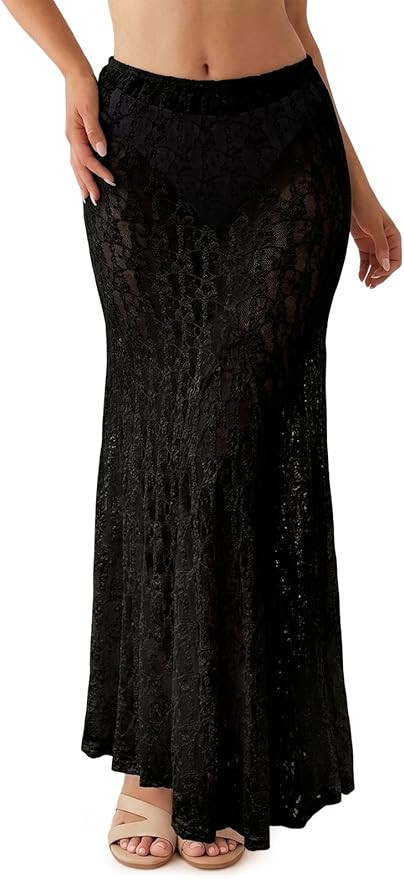 Fisoew Womens Lace Maxi Skirt Summer Sheer High Waist Casual A Line Flowy Y2K Beach Vacation Cove... | Amazon (US)