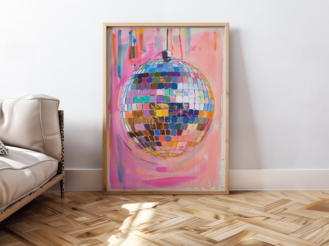 Hand Drawn Disco Ball Painting Printable Wall Art for Home Decor Pink Disco Ball Poster Aesthetic... | Etsy (US)