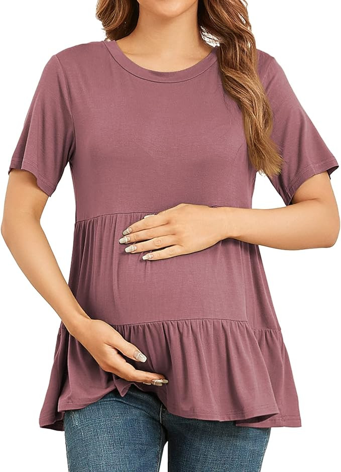 Xpenyo Women's Maternity T Shirts Short Sleeve Tiered Basic Casual Pregnancy Top | Amazon (US)
