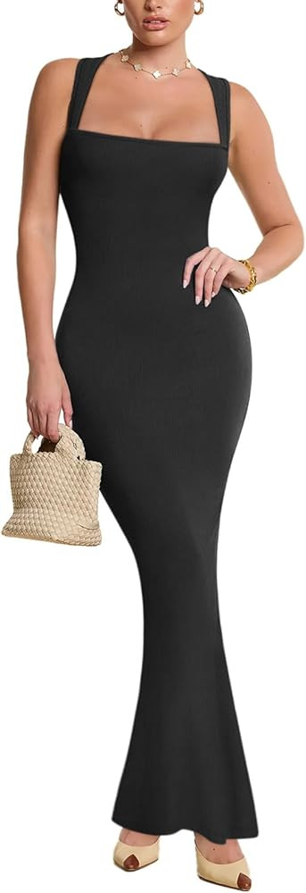 REORIA Sexy Square Neck Sleeveless Elegant Ribbded Long Maxi Dress Wedding Guest Dresses for Wome... | Amazon (US)