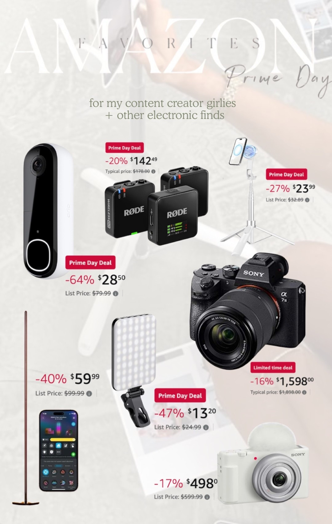 Amazon prime day deals for content creators + other favorite finds! Doorbell camera, rode mics, Sony a7iii, vlog camera, tripod, Govee light