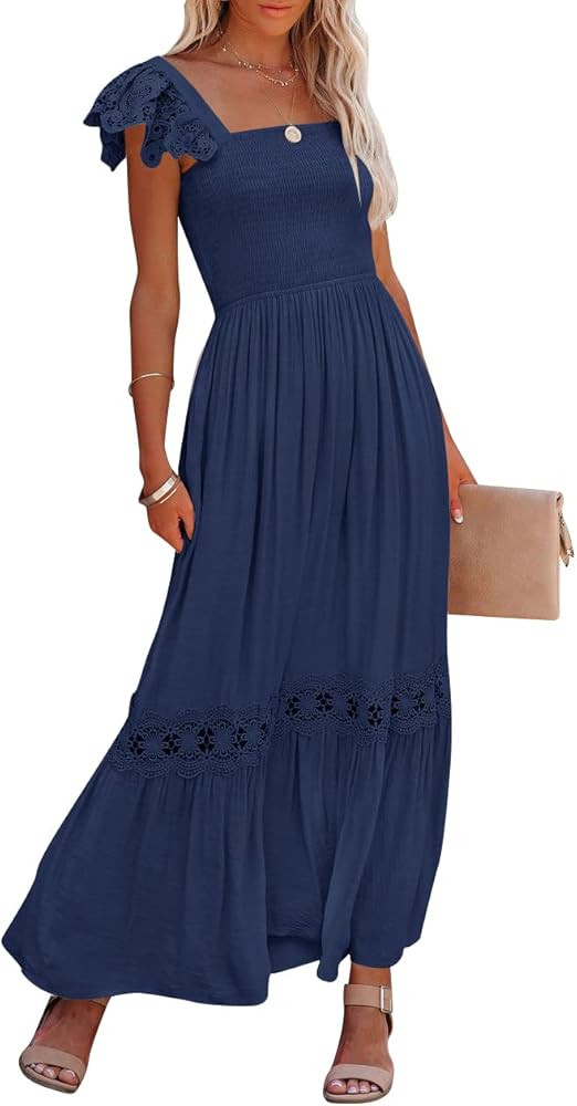 ZESICA Women's 2024 Summer Lace Strap Sleeveless Square Neck Smocked High Waist Ruffle Hollow Out... | Amazon (US)