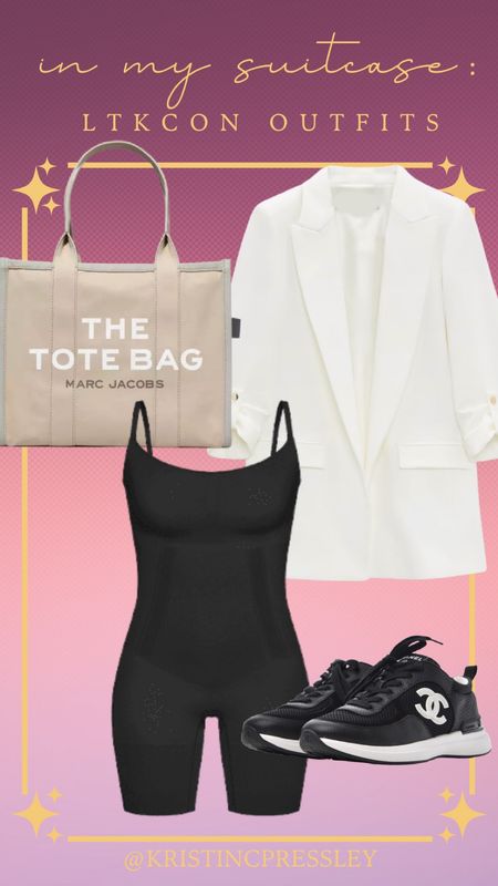 #LTKCon outfit compilation. Travel outfit. Tote bag. White blazer. Black romper. Comfy outfit. Comfy chic. Chanel sneakers. Designer sneakers. Black sneakers. Fall outfit. Fall travel outfit.

#LTKtravel #LTKCon #LTKstyletip