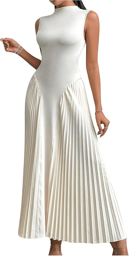 SOLY HUX Women's Maxi Dress Sleeveless Pleated A Line Mock Neck Flowy Long Dresses | Amazon (US)