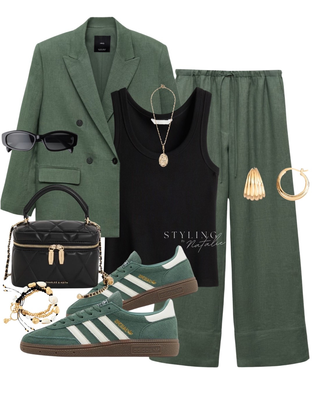 Spring summer outfit- Green linen blazer and trousers co-ord set, black ribbed vest, Adidas Spezial trainers, gold jewellery & quilted chain bag. 
Double breasted blazer, linen pants, adidas sneakers, casual chic, vacation style, holiday outfit, bank holiday look, green outfit, high street look. 

#LTKstyletip #LTKspring #LTKsummer