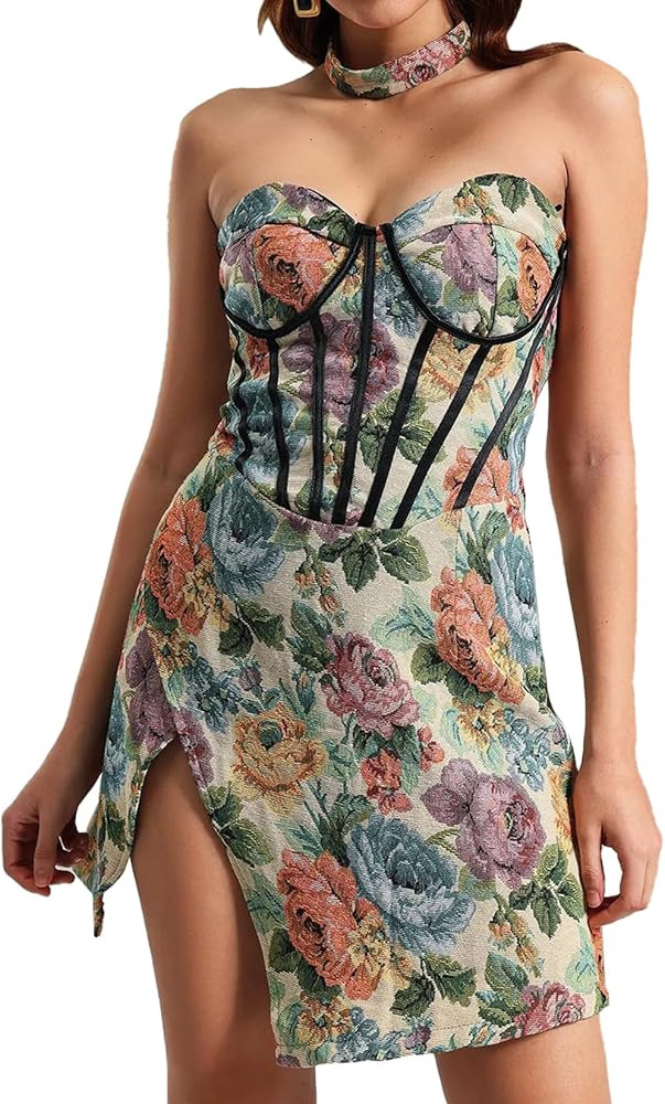 Amazon.com: BB ShopBB Green Mini Floral Dress Vintage Dress for Women Slit Homecoming Dress Sexy ... | Amazon (US)
