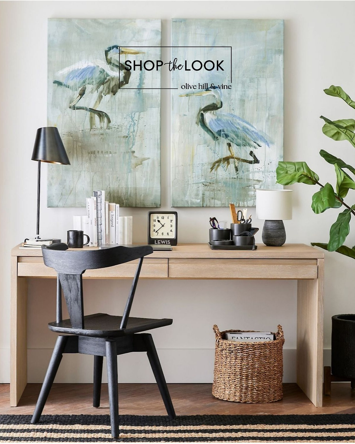 A workspace that feels both stylish and inspiring starts with a pair of heron paintings. A plank-style wood desk with sleek lines pairs effortlessly with a modern black farmhouse chair. Layer in a striped jute rug, a fiddle leaf fig tree, and a seagrass basket for a polished look.  

 

#LTKHome #LTKStyleTip #LTKFamily