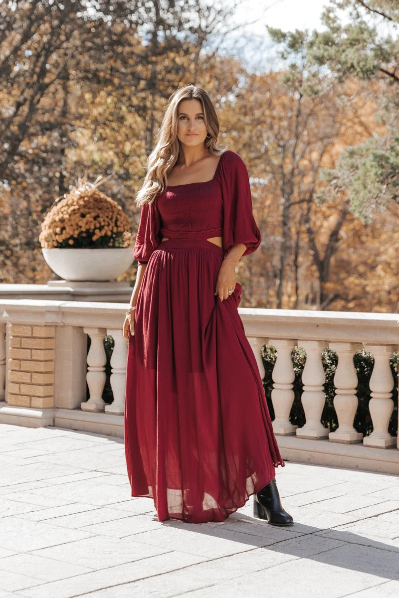 Wine Smocked Cutout Detail Maxi Dress | Magnolia Boutique | Magnolia Boutique