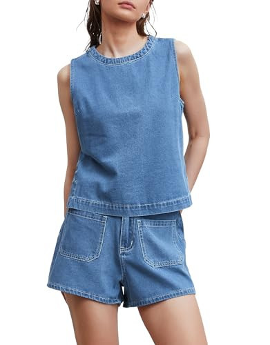 Kedera 2 Piece Denim Jean Outfit Women Sleeveless Boxy Tank Tops Shirts and Shorts Lounge Sets Pajama Sets | Amazon (US)