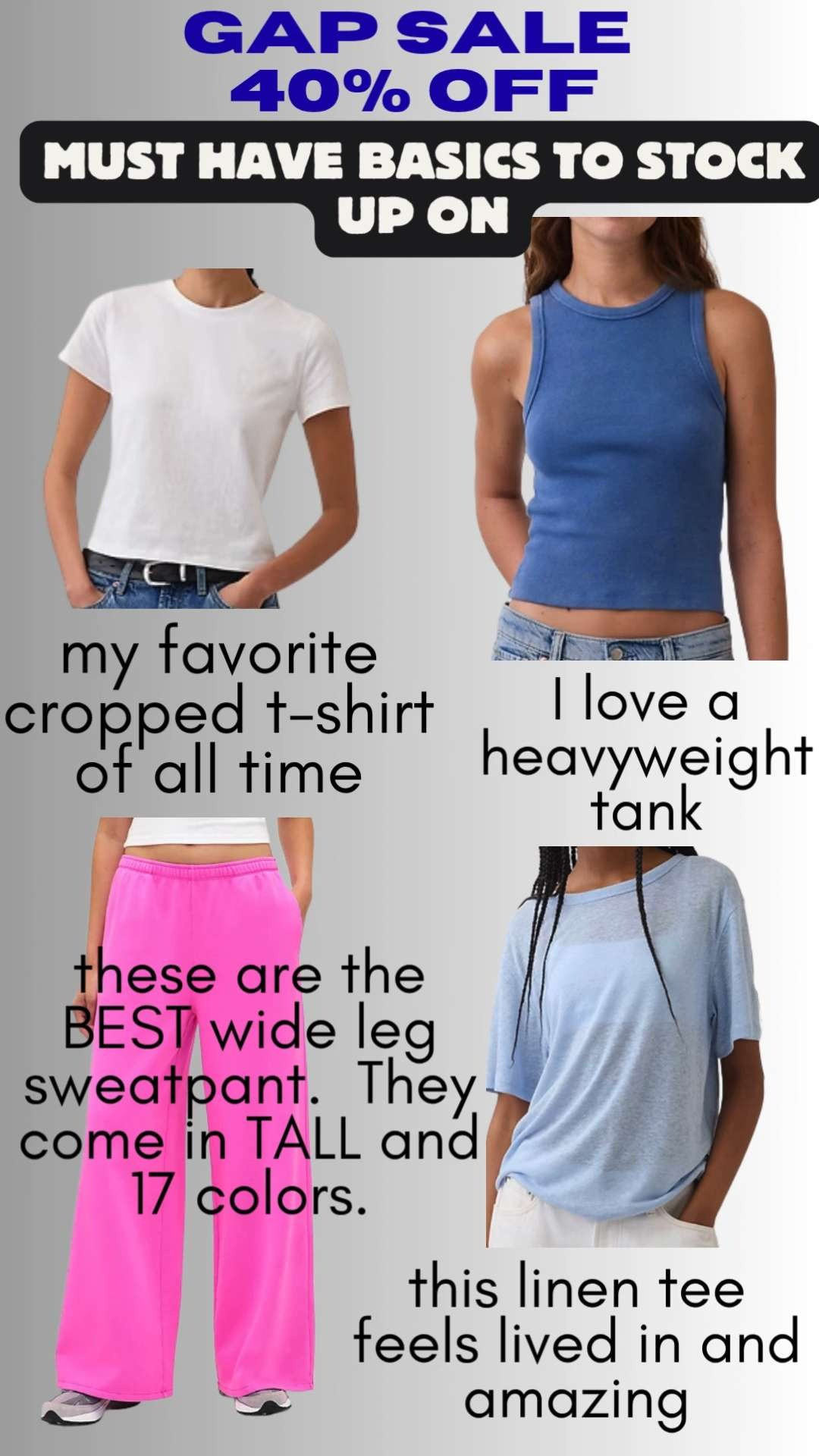 GAP SALE must haves for women.  Everyday basics are what the GAP is all about, and here is everything I ordered.  Use code FAMILY for an additional 10% off too if you have a GAP card.  

 #LTKmomlife #LTKOver40 #LTKSaleAlert