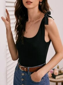 SHEIN Frenchy Knot Shoulder Scoop Neck Rib-knit Bodysuit SKU: sw2112139820600999(98 Reviews)$6.49... | SHEIN