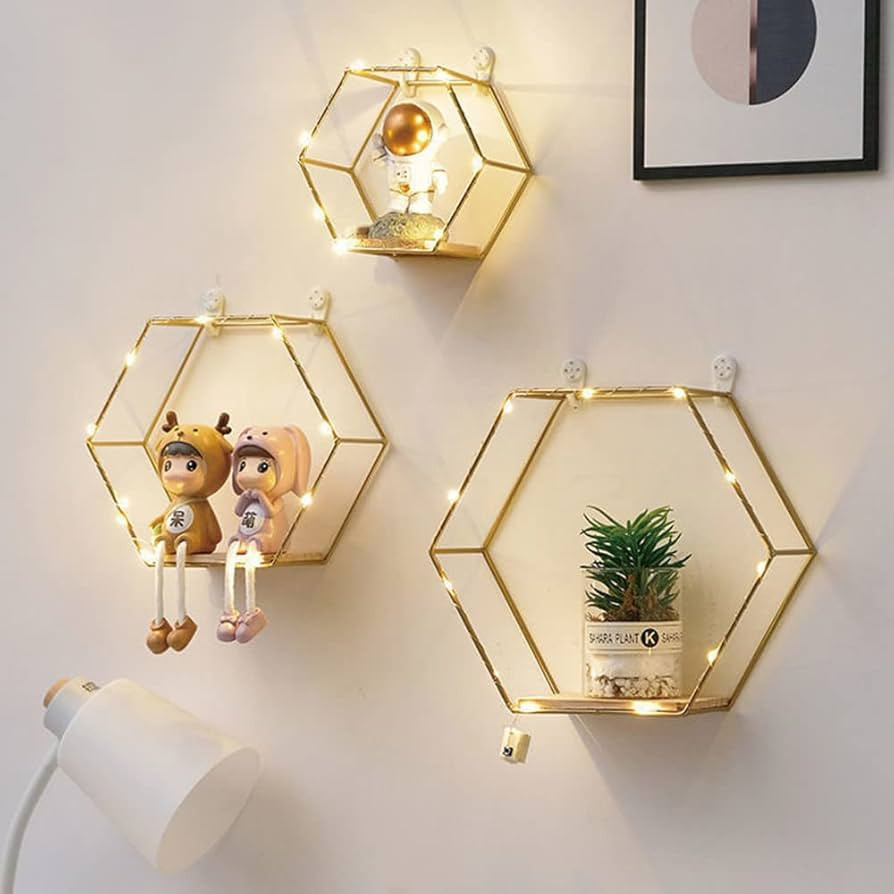 Liywall - Hexagon Floating Shelves Wall Decor, Gold Metal Wire and Wood Wall Mounted Storage Shel... | Amazon (US)