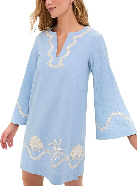Women's Boho Embroidery Mini Dress V Neck Casual 3/4 Sleeves Babydoll Skirts Summer Beach Cover U... | Amazon (US)