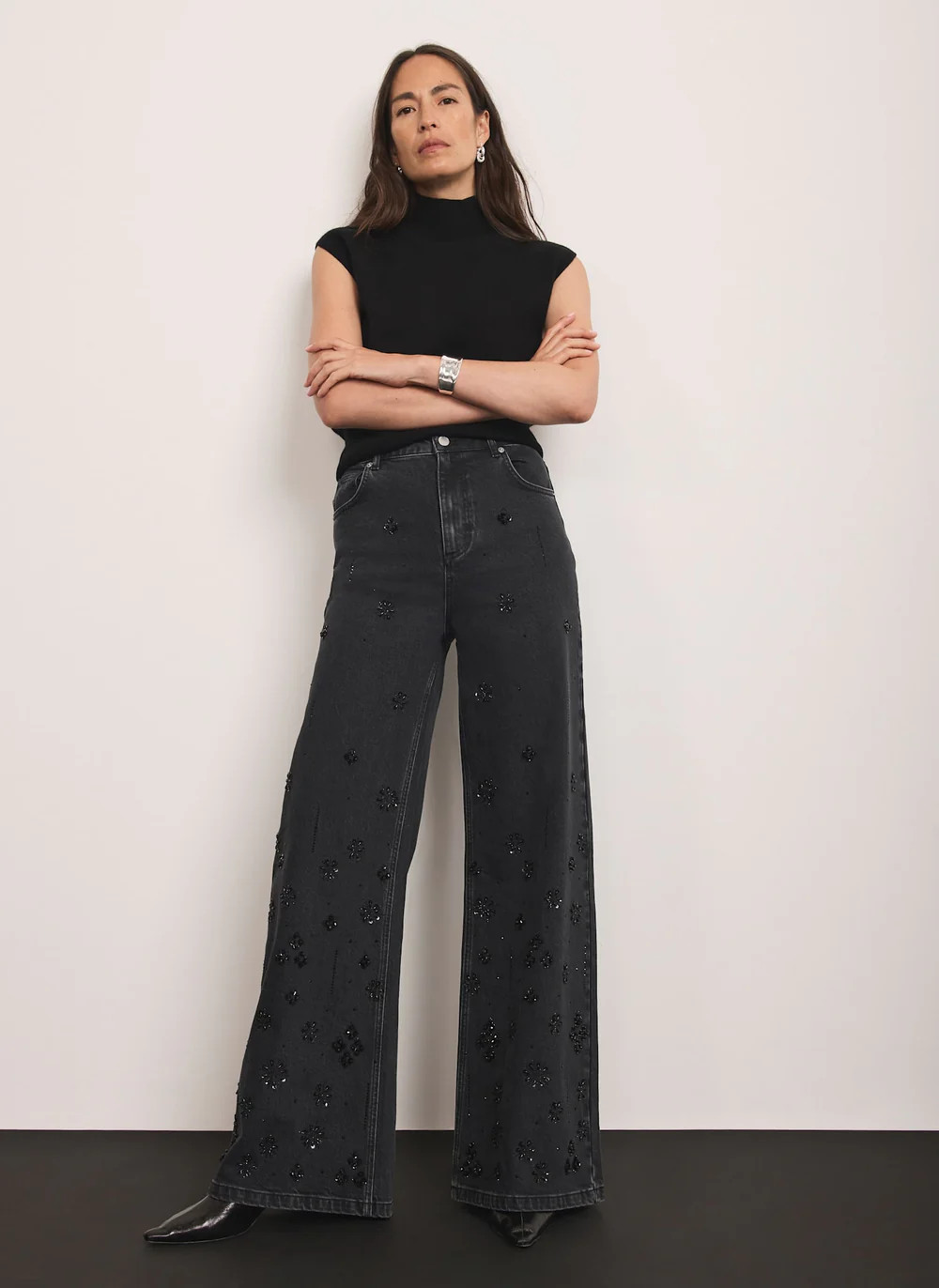 Washed Black Embellished Wide Jeans | Mint Velvet