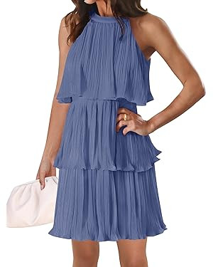 ZESICA Women's 2024 Summer Halter Dresses Sleeveless Ruffle Tiered Layered Chiffon Pleated A Line... | Amazon (US)