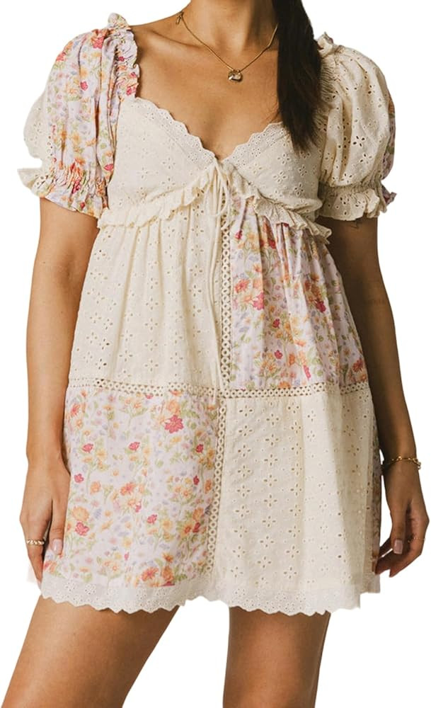 Women Floral Patchwork Babydoll Dresses Puff Sleeve V Neck A Line Cute Mini Dress Flowy Y2k Sundr... | Amazon (US)