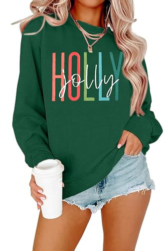 LOTUCY Women Christmas Sweatshirts Holly Jolly Xmas Tree Sweatshirt Embroidered Crewneck Cute Long Sleeve Pullover Top Dark Green | Amazon (US)